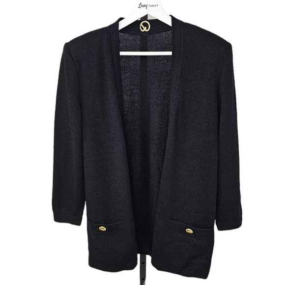 St. John Womens Santana Knit  Open Front Pocket Cardigan Black Size 12 - Picture 1 of 10
